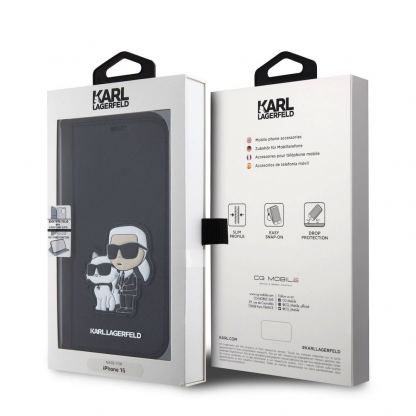 Karl Lagerfeld PU Saffiano Karl and Choupette NFT Book Case - дизайнерски кожен калъф, тип портфейл за iPhone 15 (черен) 3