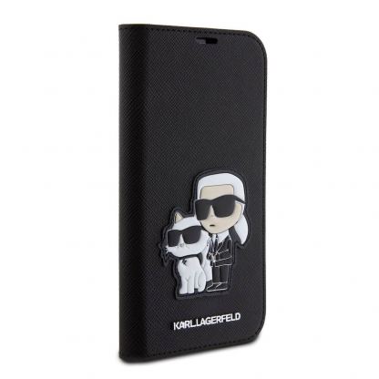 Karl Lagerfeld PU Saffiano Karl and Choupette NFT Book Case - дизайнерски кожен калъф, тип портфейл за iPhone 15 (черен) 4