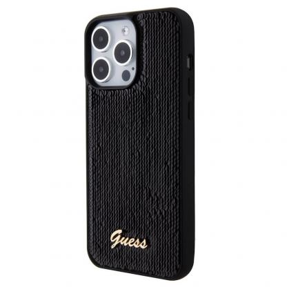 Guess Sequin Script Logo Case - дизайнерски силиконов кейс за iPhone 15 Pro Max (черен) 2