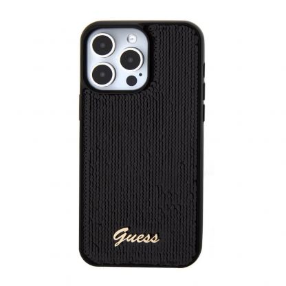 Guess Sequin Script Logo Case - дизайнерски силиконов кейс за iPhone 15 Pro Max (черен) 3