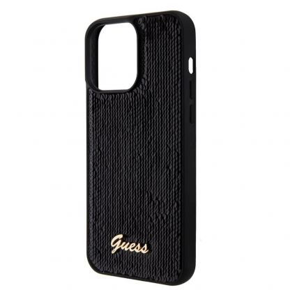 Guess Sequin Script Logo Case - дизайнерски силиконов кейс за iPhone 15 Pro Max (черен) 4