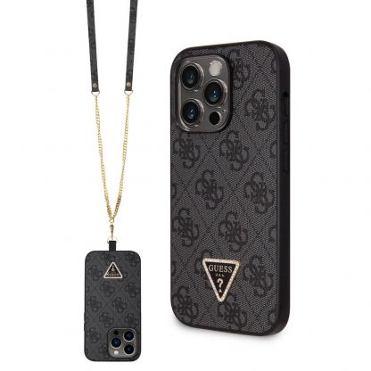 Guess PU 4G Strass Triangle Metal Logo Case With Crossbody Strap - силиконов (TPU) калъф с връзка за носене през врата за iPhone 15 Pro Max (черен)