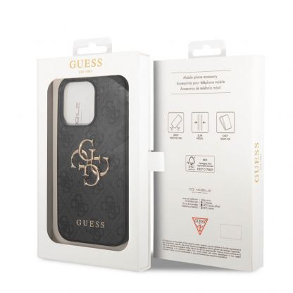 Guess PU 4G Metal Logo Leather Hard Case - дизайнерски кожен кейс за iPhone 15 Pro Max (сив) 4
