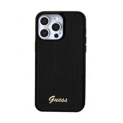 Guess Sequin Script Logo Case - дизайнерски силиконов кейс за iPhone 15 Pro (черен) 2