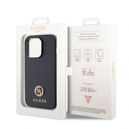 Guess PU 4G Strass Metal Logo Leather Hard Case - дизайнерски кожен кейс за iPhone 15 Pro (черен) 8