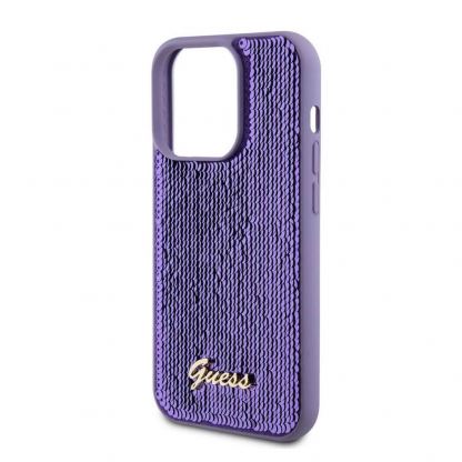 Guess Sequin Script Logo Case - дизайнерски силиконов кейс за iPhone 15 Pro (лилав) 2