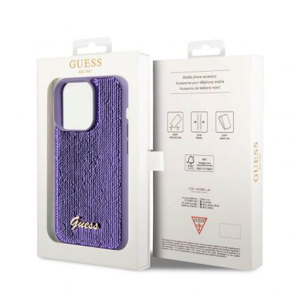 Guess Sequin Script Logo Case - дизайнерски силиконов кейс за iPhone 15 Pro (лилав) 4