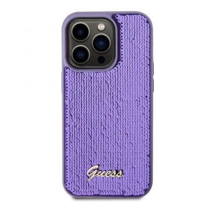 Guess Sequin Script Logo Case - дизайнерски силиконов кейс за iPhone 15 Pro (лилав) 6