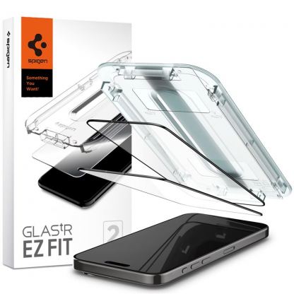 Spigen Glas.tR EZ Fit Tempered Glass 2 Pack - 2 броя стъклени защитни покрития за дисплея на iPhone 15 Pro Max (черен-прозрачен)
