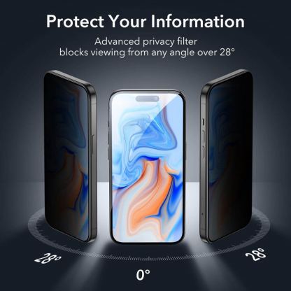 ESR Privacy Full Cover Tempered Glass - калено стъклено защитно покритие с определен ъгъл на виждане за дисплея на iPhone 15 (черен-прозрачен) 6