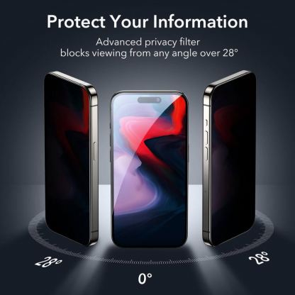 ESR Privacy Full Cover Tempered Glass - калено стъклено защитно покритие с определен ъгъл на виждане за дисплея на iPhone 15 Pro (черен-прозрачен) 6