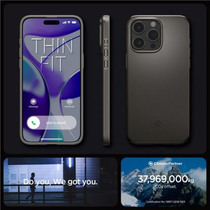 Spigen Thin Fit Case - качествен тънък матиран кейс за iPhone 15 Pro (тъмносив) 16