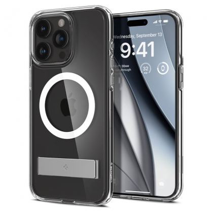 Spigen Ultra Hybrid S MagSafe Case - хибриден кейс с висока степен на защита с MagSafe и вградена поставка за iPhone 15 Pro Max (прозрачен) 