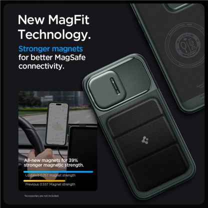 Spigen Optik Armor MagFit MagSafe Case - тънък качествен силиконов (TPU) калъф с капак за камерата с MagSafe за iPhone 15 Pro (зелен) 16