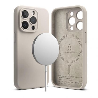 Ringke Liquid Silicone Magnetic Case - силиконов (TPU) калъф с MagSafe за iPhone 15 Pro (бежов) 2