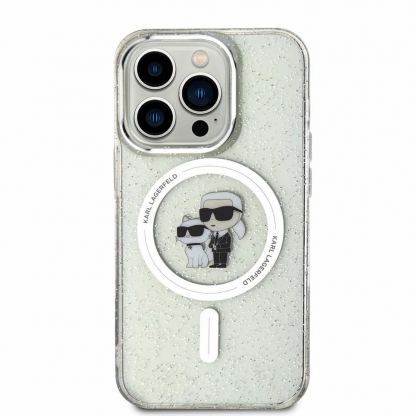 Karl Lagerfeld IML Glitter Karl and Choupette MagSafe Case - дизайнерски силиконов кейс с MagSafe за iPhone 15 Pro Max (прозрачен) 3