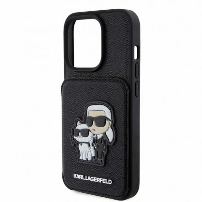Karl Lagerfeld PU Saffiano Card Slot Stand Karl and Choupette Case - дизайнерски кожен кейс с отделение за карти за iPhone 15 Pro Max (черен) 5