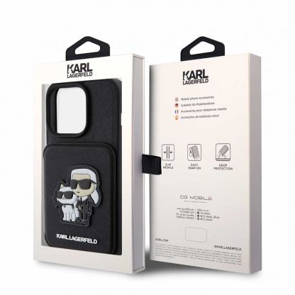 Karl Lagerfeld PU Saffiano Card Slot Stand Karl and Choupette Case - дизайнерски кожен кейс с отделение за карти за iPhone 15 Pro Max (черен) 8