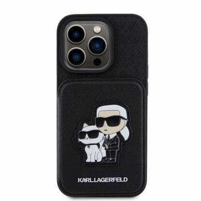 Karl Lagerfeld PU Saffiano Card Slot Stand Karl and Choupette Case - дизайнерски кожен кейс с отделение за карти за iPhone 15 Pro (черен) 3