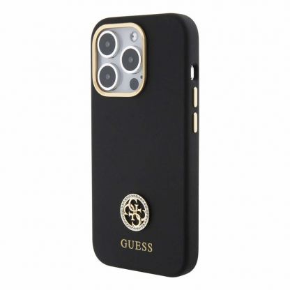 Guess Liquid Silicone 4G Strass Metal Logo Case - силиконов (TPU) калъф за iPhone 15 Pro (черен)  2