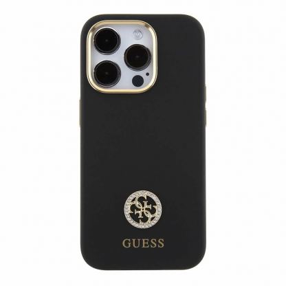 Guess Liquid Silicone 4G Strass Metal Logo Case - силиконов (TPU) калъф за iPhone 15 Pro (черен)  3