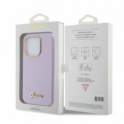 Guess PU Glitter Full Wrapped Leather Hard Case - дизайнерски кожен кейс за iPhone 15 Pro (лилав) 7