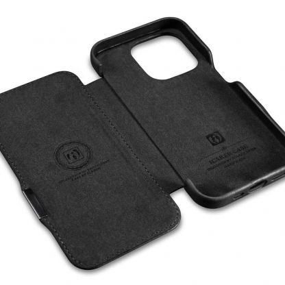 iCarer Leather Oil Wax MagSafe Folio Case - кожен калъф (естествена кожа), тип портфейл с MagSafe за iPhone 15 Pro (черен) 15
