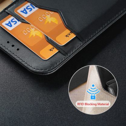 Dux Ducis Hivo Genuine Leather Flip Wallet Case - кожен калъф от естествена кожа с поставка и отделение за кр. карти за iPhone 15 Pro (черен) 7