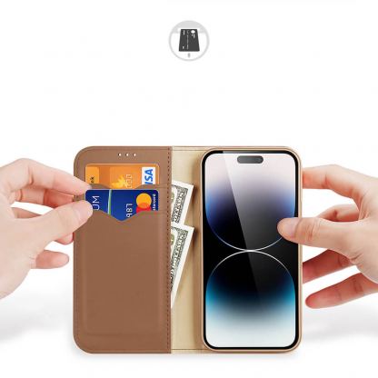 Dux Ducis Hivo Genuine Leather Flip Wallet Case - кожен калъф от естествена кожа с поставка и отделение за кр. карти за iPhone 15 Pro (кафяв) 2