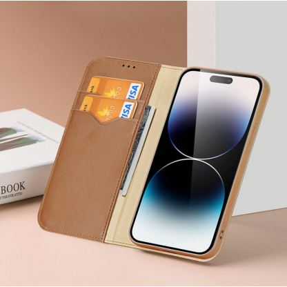 Dux Ducis Hivo Genuine Leather Flip Wallet Case - кожен калъф от естествена кожа с поставка и отделение за кр. карти за iPhone 15 Pro (кафяв) 8