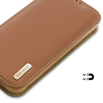 Dux Ducis Hivo Genuine Leather Flip Wallet Case - кожен калъф от естествена кожа с поставка и отделение за кр. карти за iPhone 15 Pro Max (кафяв) 5