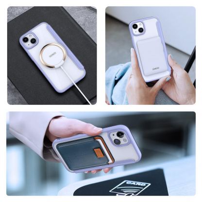 Dux Ducis Skin X Pro Magnetic Wallet Case - удароустойчив хибриден кожен кейс с отделение за карти и MagSafe за iPhone 15 (лилав-прозрачен) 5