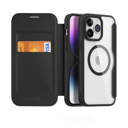 Dux Ducis Skin X Pro Magnetic Wallet Case - удароустойчив хибриден кожен кейс с отделение за карти и MagSafe за iPhone 15 Pro (черен-прозрачен) 2