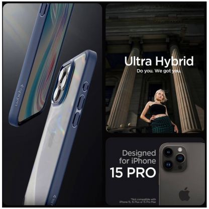 Spigen Ultra Hybrid Case - хибриден кейс с висока степен на защита за iPhone 15 Pro (син-прозрачен) 10