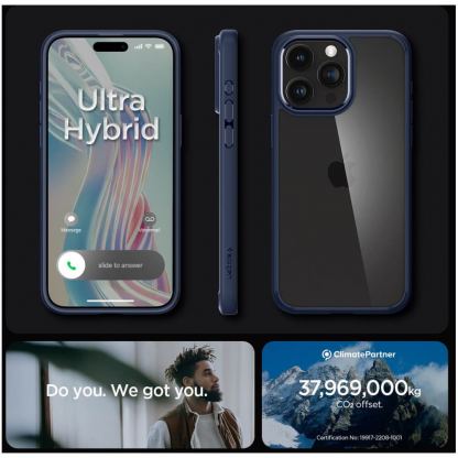 Spigen Ultra Hybrid Case - хибриден кейс с висока степен на защита за iPhone 15 Pro (син-прозрачен) 15