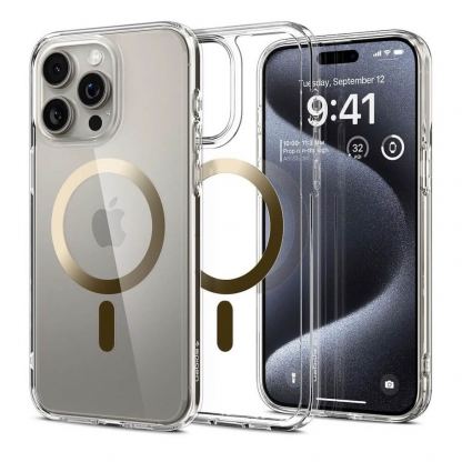 Spigen Ultra Hybrid MagSafe Case - хибриден кейс с висока степен на защита с MagSafe за iPhone 15 Pro (прозрачен-златист) 