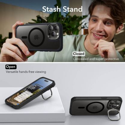 ESR Tough Armor Kickstand Halolock Magsafe Case - хибриден удароустойчив кейс с MagSafe и с вграден стъклен протектор за дисплея и протектори за камерата за iPhone 15 Pro Max (черен) 9