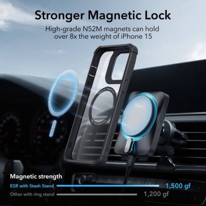 ESR Tough Armor Kickstand Halolock Magsafe Case - хибриден удароустойчив кейс с MagSafe и с вграден стъклен протектор за дисплея и протектори за камерата за iPhone 15 Pro Max (черен) 10