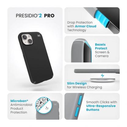 Speck Presidio 2 Pro Case - удароустойчив хибриден кейс за iPhone 15 (черен) 9