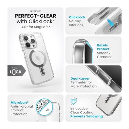 Speck Presidio ClickLock Perfect Clear Case - удароустойчив хибриден кейс с Magsafe за iPhone 15 Pro (прозрачен) 10