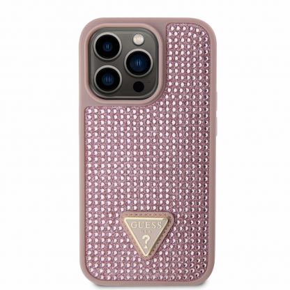 Guess Rhinestones Triangle Metal Logo Case - силиконов (TPU) калъф за iPhone 15 Pro (розов) 3