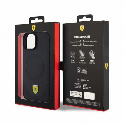 Ferrari PU Leather Bottom Carbon MagSafe Case - дизайнерски кожен кейс с MagSafe за iPhone 15 (черен) 6