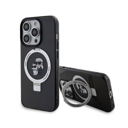 Karl Lagerfeld Ringstand Karl and Choupette MagSafe Case - хибриден удароустойчив кейс с MagSafe за iPhone 15 Pro (черен-прозрачен)