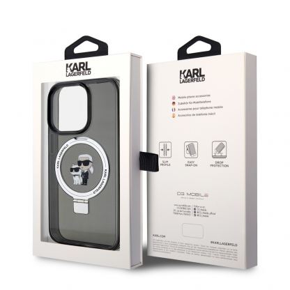 Karl Lagerfeld Ringstand Karl and Choupette MagSafe Case - хибриден удароустойчив кейс с MagSafe за iPhone 15 Pro (черен-прозрачен) 7