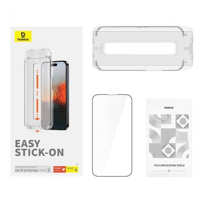 Baseus Sapphire Tempered Glass Film (0.30mm) - калено стъклено защитно покритие за дисплея на iPhone 15 Pro Max (черен-прозрачен) 3