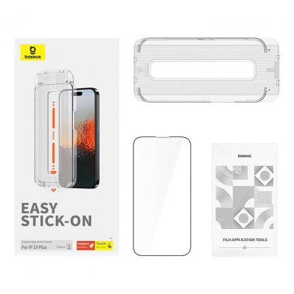 Baseus Sapphire Tempered Glass Film (0.30mm) - калено стъклено защитно покритие за дисплея на iPhone 15 Plus (черен-прозрачен) 3