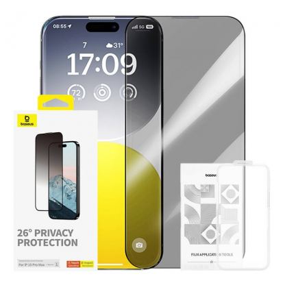 Baseus Diamond Privacy Tempered Glass Film (0.30mm) - калено стъклено защитно покритие с определен ъгъл на виждане за дисплея на iPhone 15 Pro Max (черен-прозрачен) 2