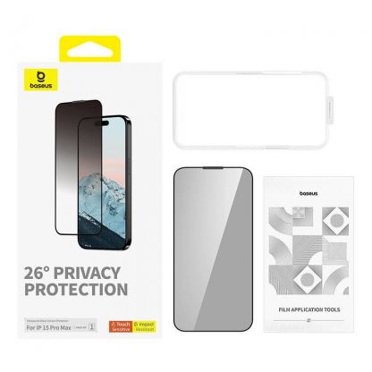 Baseus Diamond Privacy Tempered Glass Film (0.30mm) - калено стъклено защитно покритие с определен ъгъл на виждане за дисплея на iPhone 15 Pro Max (черен-прозрачен) 3