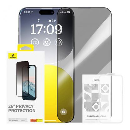 Baseus Diamond Privacy Tempered Glass Film (0.30mm) - калено стъклено защитно покритие с определен ъгъл на виждане за дисплея на iPhone 15 Plus (черен-прозрачен) 2