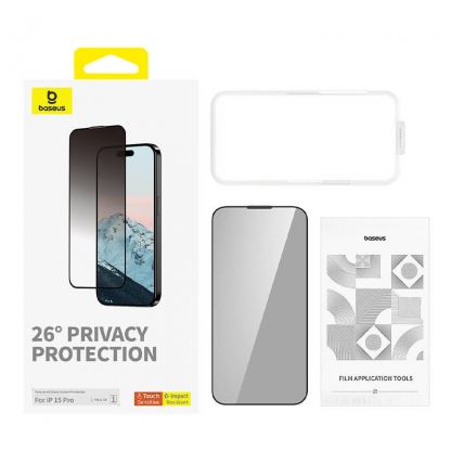 Baseus Diamond Privacy Tempered Glass Film (0.30mm) - калено стъклено защитно покритие с определен ъгъл на виждане за дисплея на iPhone 15 Pro (черен-прозрачен) 3